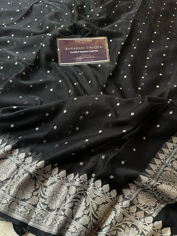 KHADDI CHIFFON HAZARA BUTI SAREE - BLACK