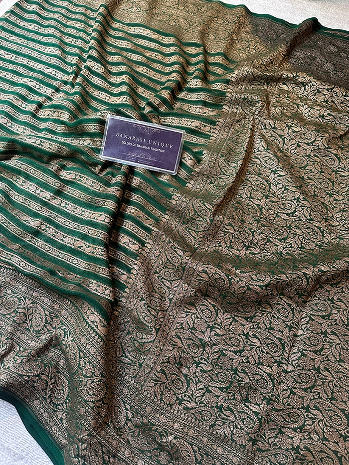 KHADDI GEORGETTE STRIPES ANTIQUE ZARI SAREE - BOTTLE GREEN