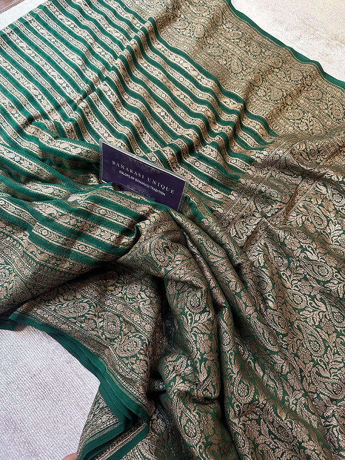 KHADDI GEORGETTE STRIPES ANTIQUE ZARI SAREE - BOTTLE GREEN