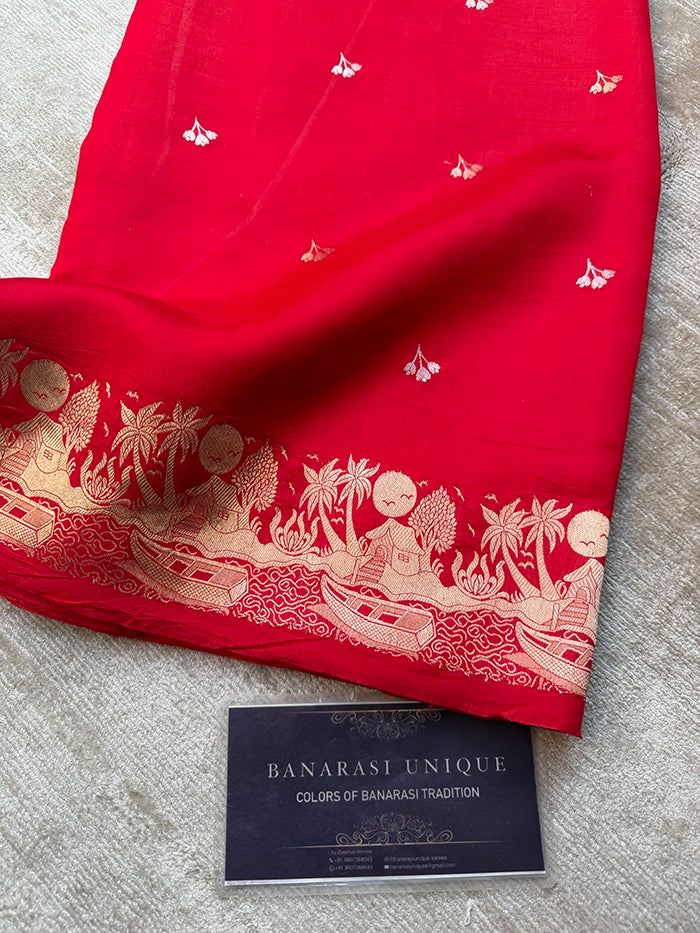 PURE KATAN SILK SONA RUPA KADHUA SAREE - RED