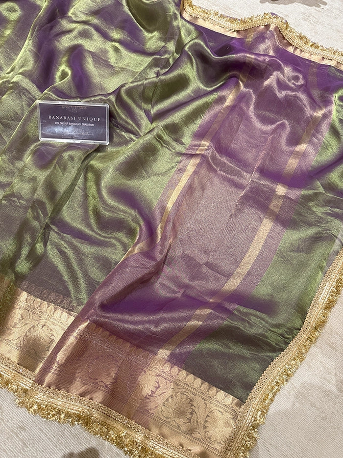 BIG FLORAL BORDER PURE TISSUE SAREE - DHOOP CHAAV GREEN PURPLE