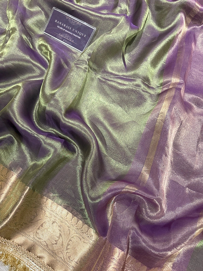 BIG FLORAL BORDER PURE TISSUE SAREE - DHOOP CHAAV GREEN PURPLE