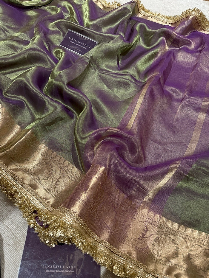 BIG FLORAL BORDER PURE TISSUE SAREE - DHOOP CHAAV GREEN PURPLE