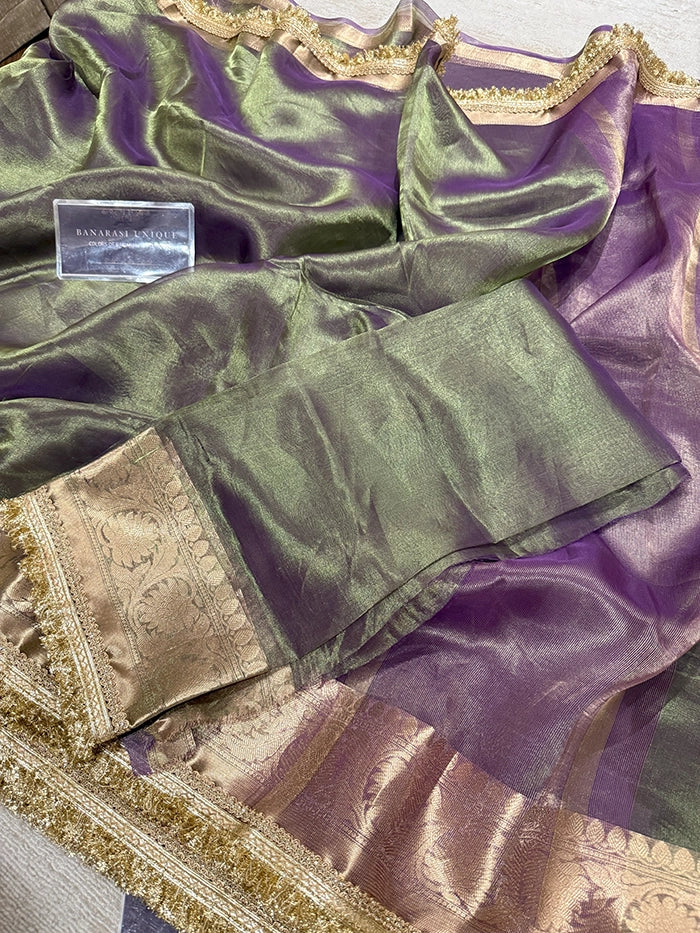 BIG FLORAL BORDER PURE TISSUE SAREE - DHOOP CHAAV GREEN PURPLE