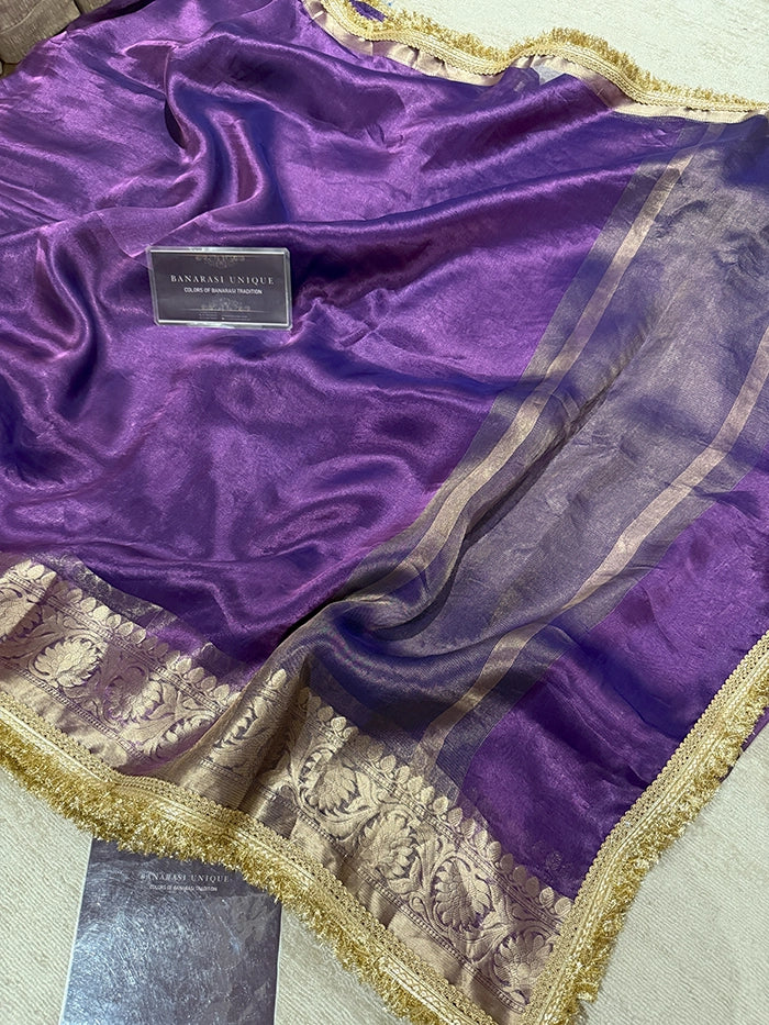 BIG FLORAL BORDER PURE TISSUE SAREE - PURPLE