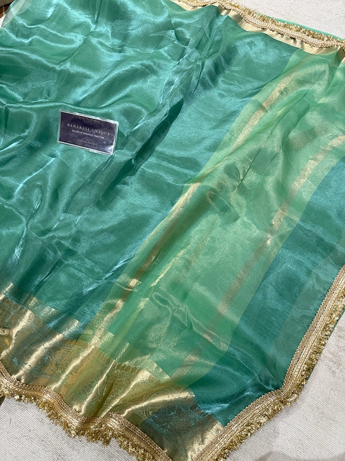 BIG FLORAL BORDER PURE TISSUE SAREE - COOL SEA GREEN