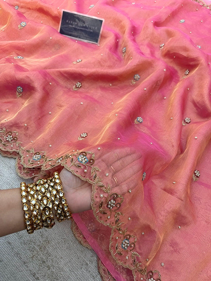 PURE TISSUE SILK SCALLOP BORDER BAND EMBROIDERY SAREE - PINK