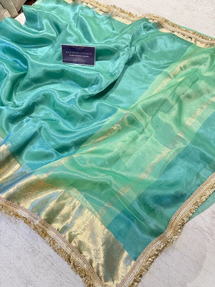 BIG FLORAL BORDER PURE TISSUE SAREE - COOL SEA GREEN
