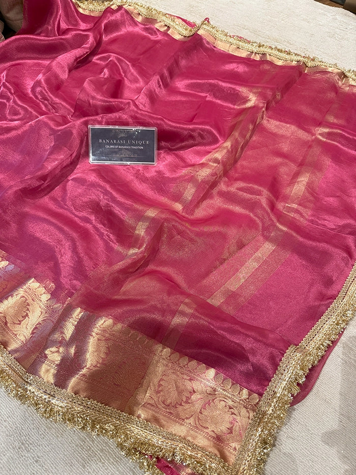 BIG FLORAL BORDER PURE TISSUE SAREE - RANI PINK