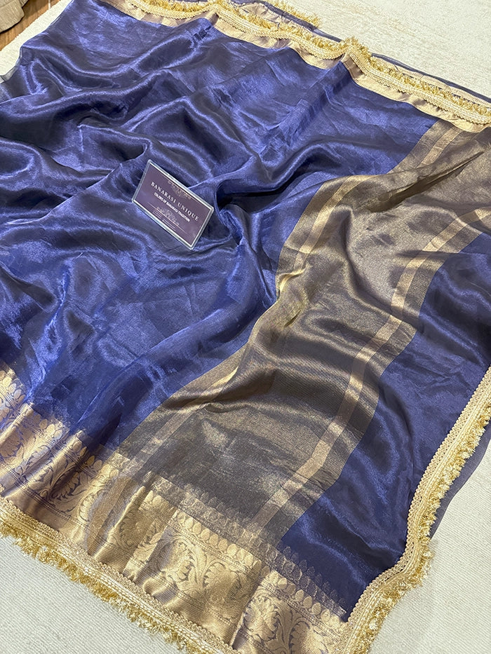BIG FLORAL BORDER PURE TISSUE SAREE - NAVY BLUE
