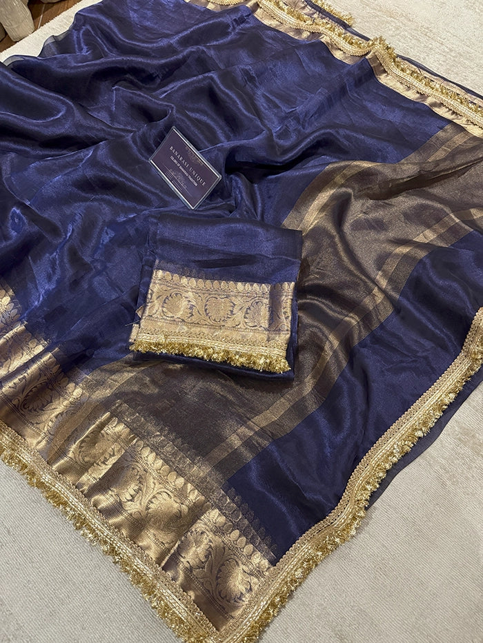 BIG FLORAL BORDER PURE TISSUE SAREE - NAVY BLUE
