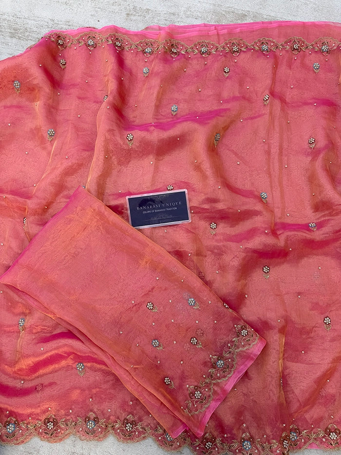 PURE TISSUE SILK SCALLOP BORDER BAND EMBROIDERY SAREE - PINK