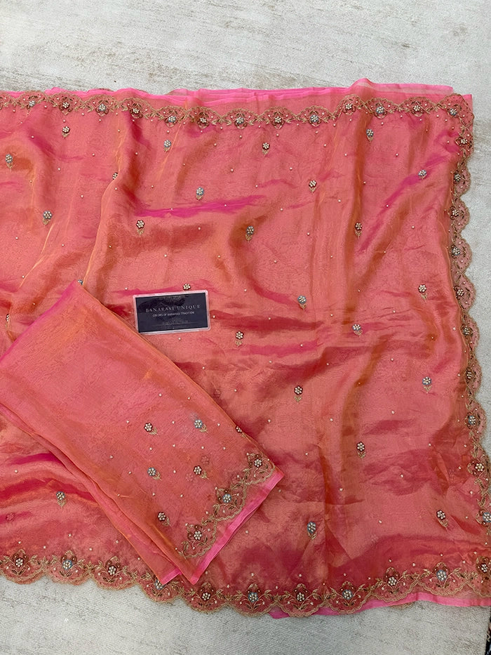 PURE TISSUE SILK SCALLOP BORDER BAND EMBROIDERY SAREE - PINK