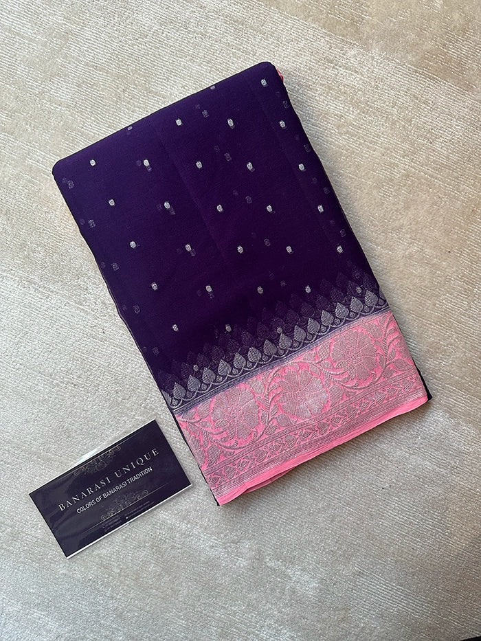 KHADDI CHIFFON HAZARA BUTI SAREE - CONTRAST BORDER BLUE WITH POWDER PINK