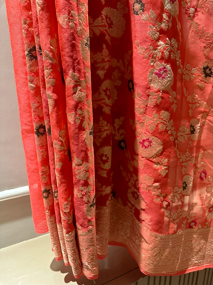 KHADDI GEORGETTE MEENAKARI WATER ZARI SAREE - BURNT ORANGE