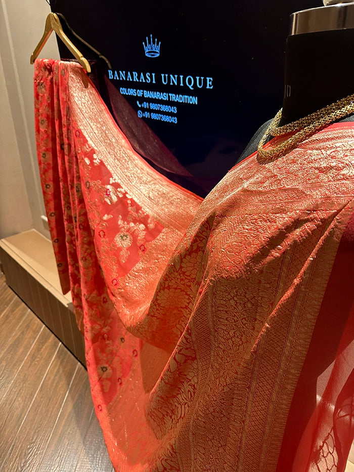 KHADDI GEORGETTE MEENAKARI WATER ZARI SAREE - BURNT ORANGE