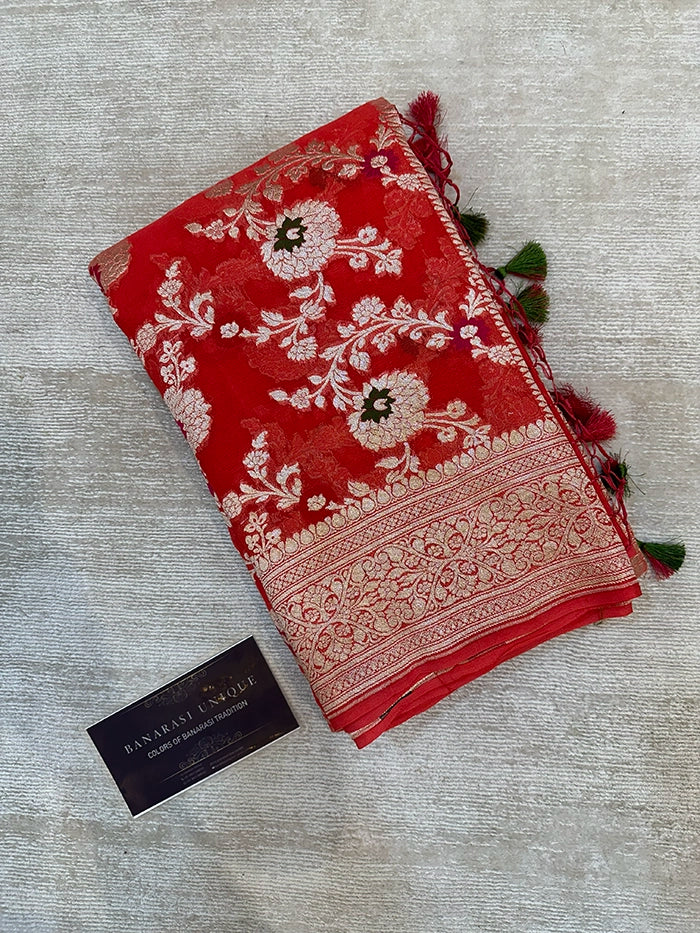 KHADDI GEORGETTE MEENAKARI WATER ZARI SAREE - BURNT ORANGE