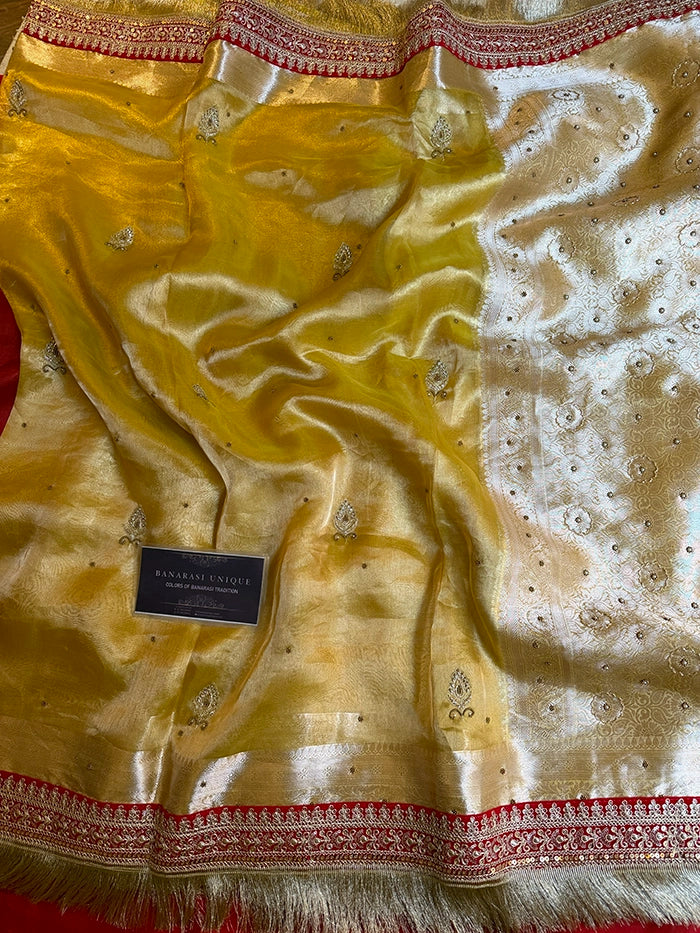 PURE TISSUE SILK SAAT PHERE WALI SAREE - MUSTARD WITH RED BORDER