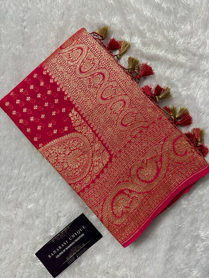 KHADDI GEORGETTE KONIA FOUR-PETAL BUTI GOLD ZARI SAREE - RANI PINK