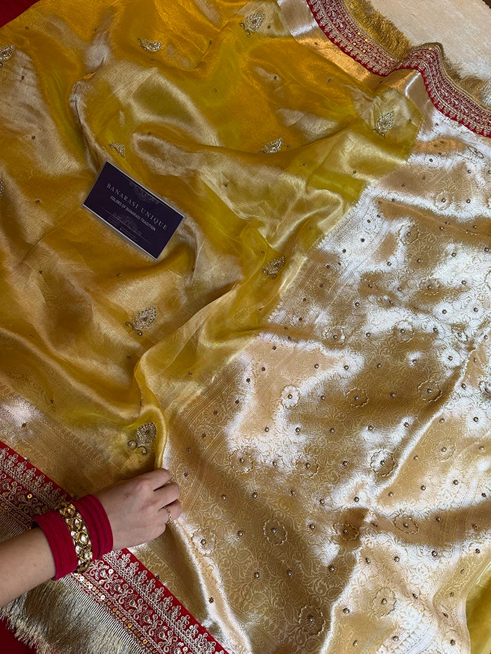 PURE TISSUE SILK SAAT PHERE WALI SAREE - MUSTARD WITH RED BORDER