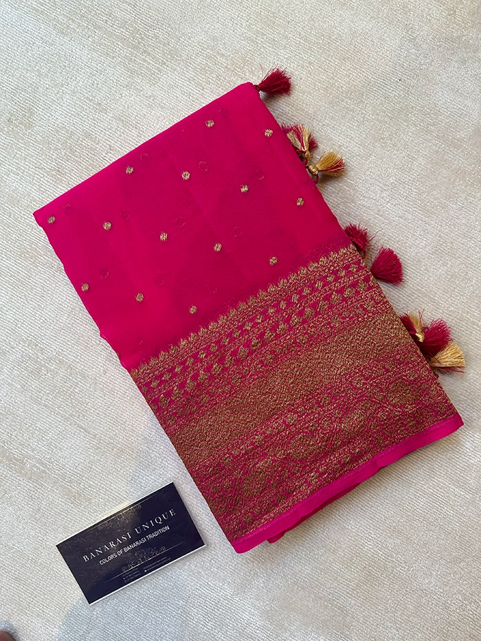 KHADDI GEORGETTE SKIRT BORDER CIRCLE BUTI ANTIQUE ZARI SAREE - RANI PINK