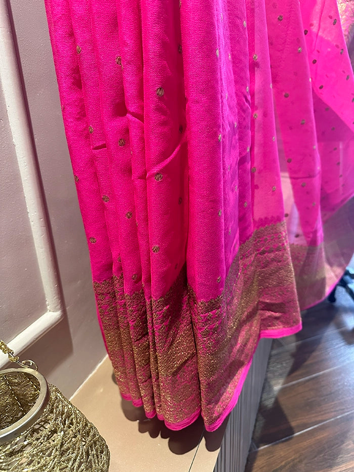 KHADDI GEORGETTE SKIRT BORDER CIRCLE BUTI ANTIQUE ZARI SAREE - RANI PINK