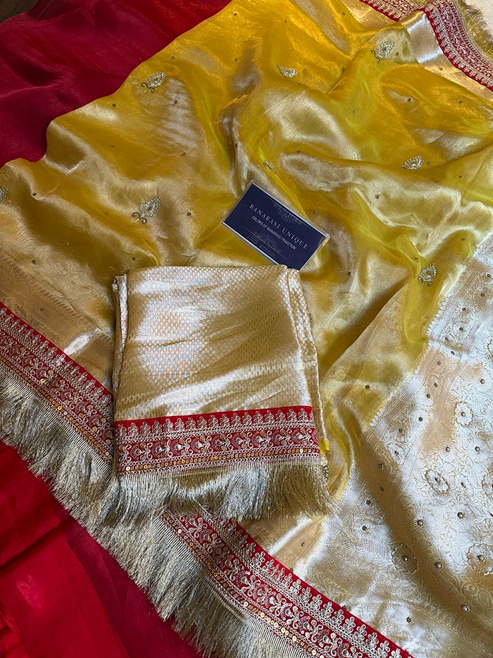 PURE TISSUE SILK SAAT PHERE WALI SAREE - MUSTARD WITH RED BORDER