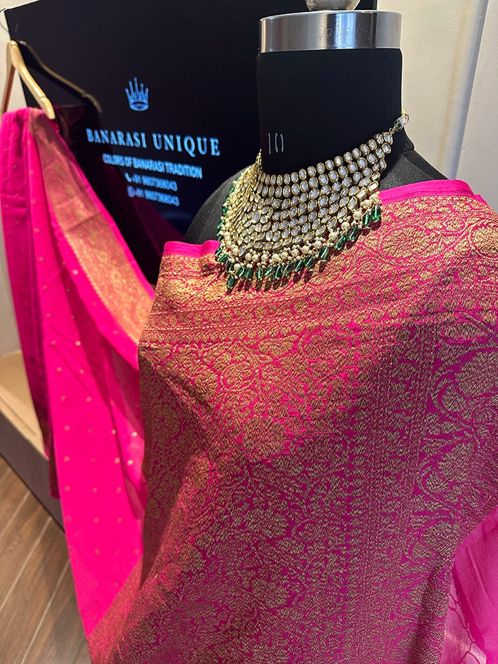 KHADDI GEORGETTE SKIRT BORDER CIRCLE BUTI ANTIQUE ZARI SAREE - RANI PINK