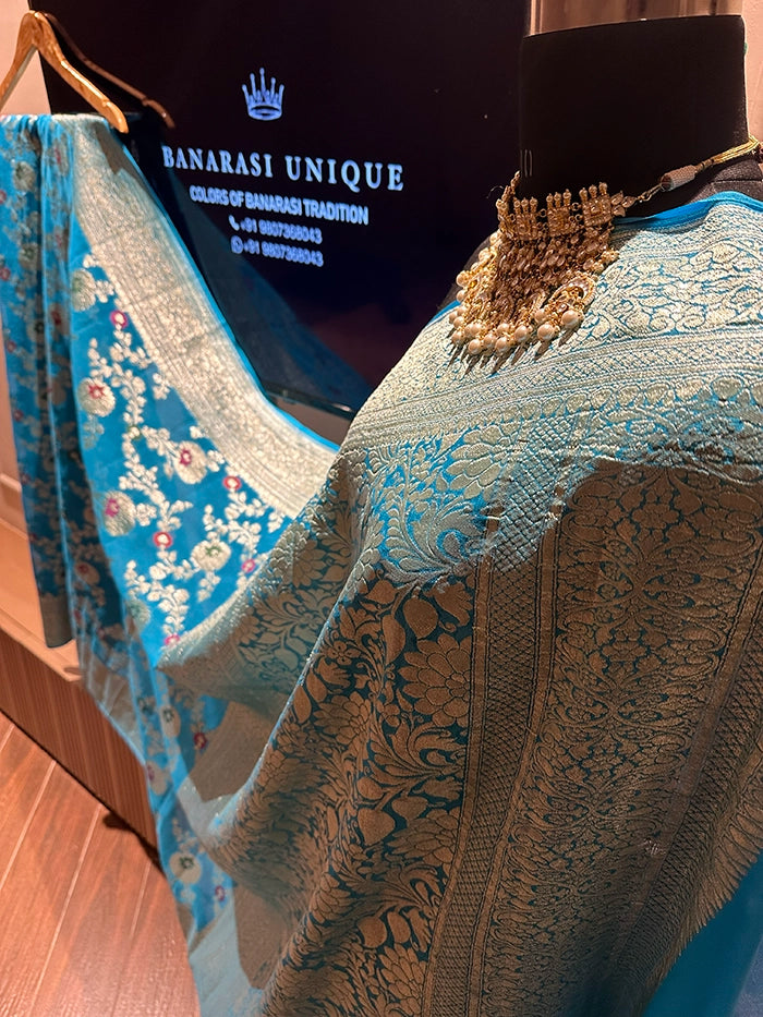 KHADDI GEORGETTE MEENAKARI WATER ZARI SAREE - SKY BLUE