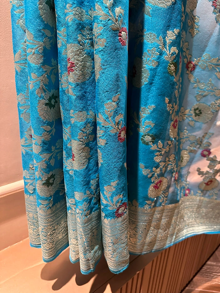 KHADDI GEORGETTE MEENAKARI WATER ZARI SAREE - SKY BLUE