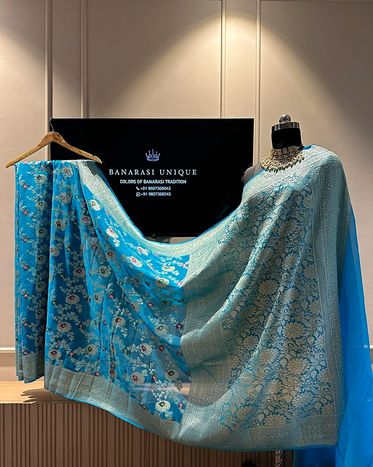 KHADDI GEORGETTE MEENAKARI WATER ZARI SAREE - SKY BLUE