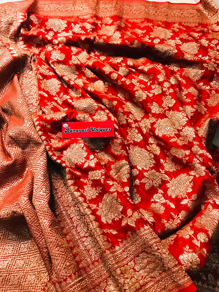 KHADDI GEORGETTE GULAABO ANTIQUE ZARI SAREE - RED