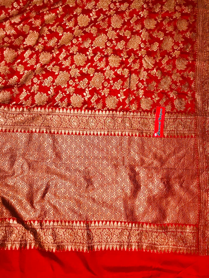 KHADDI GEORGETTE GULAABO ANTIQUE ZARI SAREE - RED