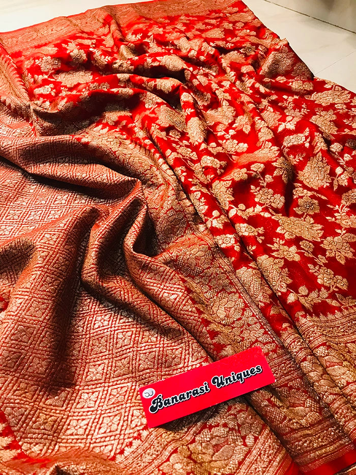 KHADDI GEORGETTE GULAABO ANTIQUE ZARI SAREE - RED