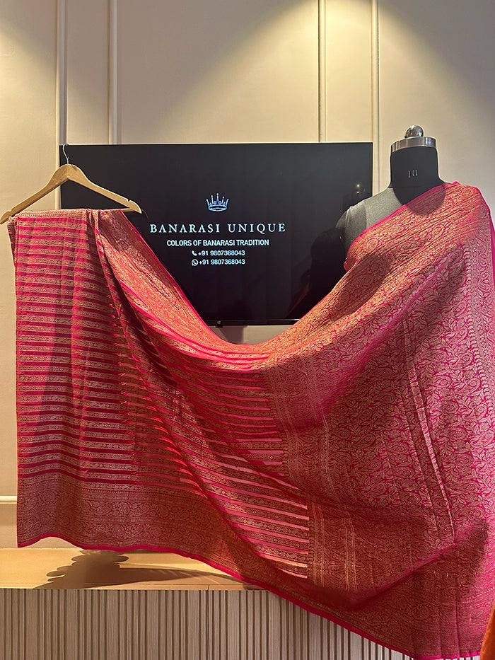 KHADDI GEORGETTE STRIPES ANTIQUE ZARI SAREE - RANI PINK