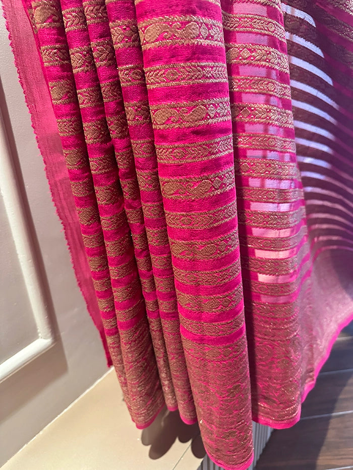 KHADDI GEORGETTE STRIPES ANTIQUE ZARI SAREE - RANI PINK