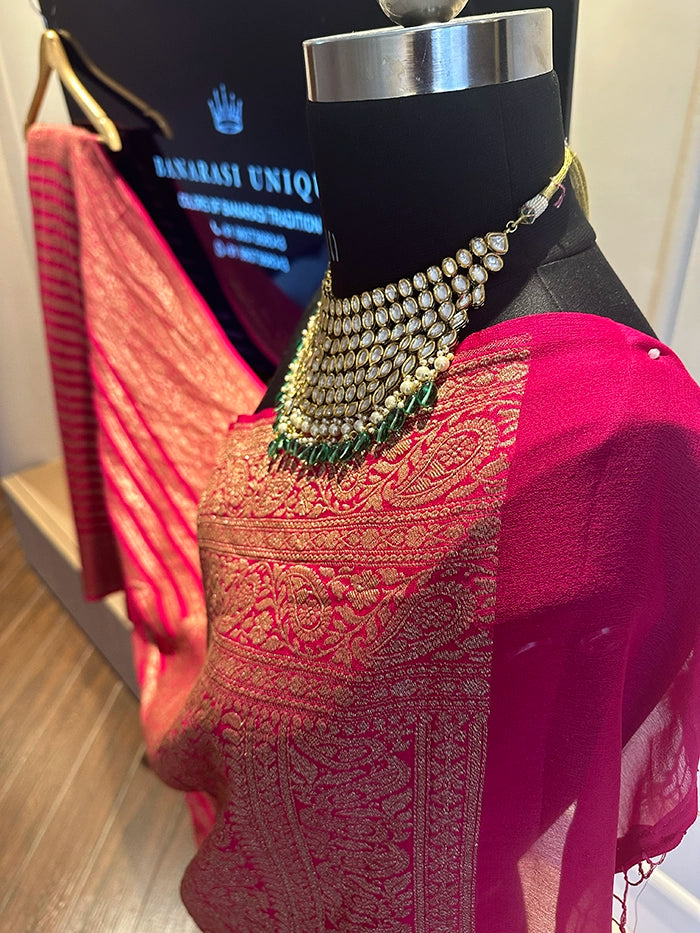 KHADDI GEORGETTE STRIPES ANTIQUE ZARI SAREE - RANI PINK