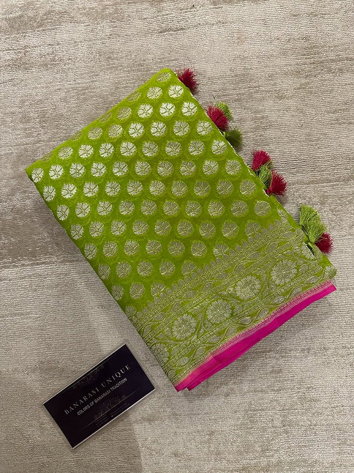 KHADDI GEORGETTE DOLLAR BUTI SILVER ZARI SAREE - NEON WITH HIGHLIGHTED PINK EDGES