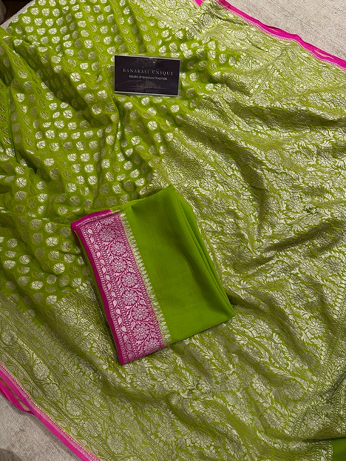 KHADDI GEORGETTE DOLLAR BUTI SILVER ZARI SAREE - NEON WITH HIGHLIGHTED PINK EDGES