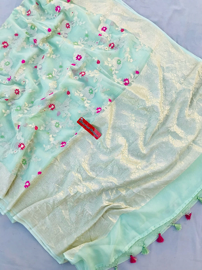KHADDI GEORGETTE MEENAKARI WATER ZARI SAREE - PASTEL GREEN