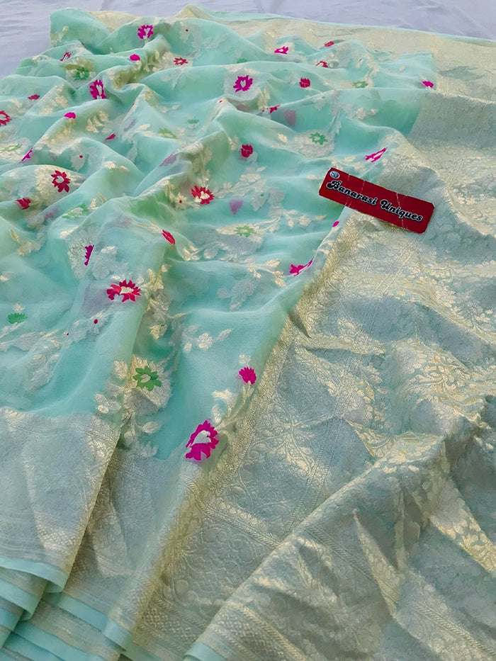 KHADDI GEORGETTE MEENAKARI WATER ZARI SAREE - PASTEL GREEN