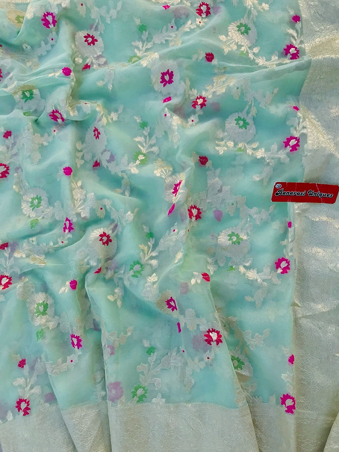 KHADDI GEORGETTE MEENAKARI WATER ZARI SAREE - PASTEL GREEN