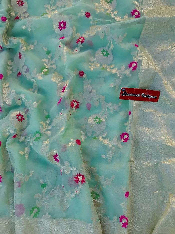 KHADDI GEORGETTE MEENAKARI WATER ZARI SAREE - PASTEL GREEN