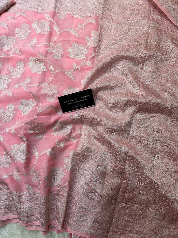 KHADDI GEORGETTE BIG FLORAL JAAL WATER ZARI SAREE - BABY PINK SILVER ZARI