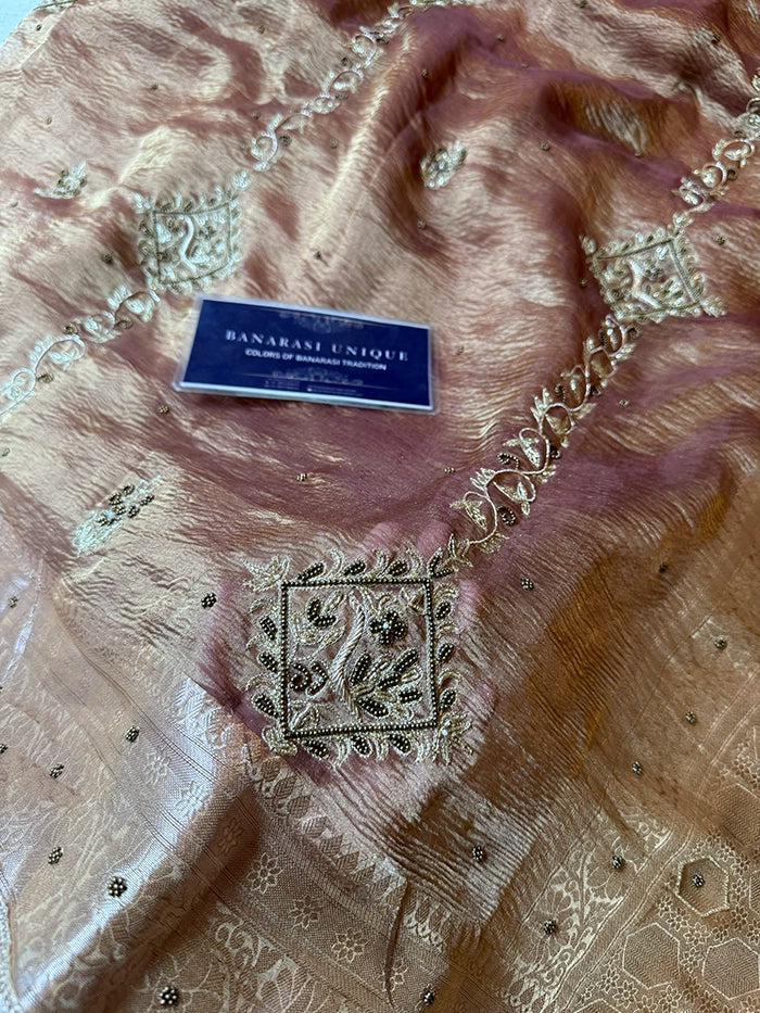 VERTICAL FLORAL PURE TISSUE SAREE - ROSE GOLD