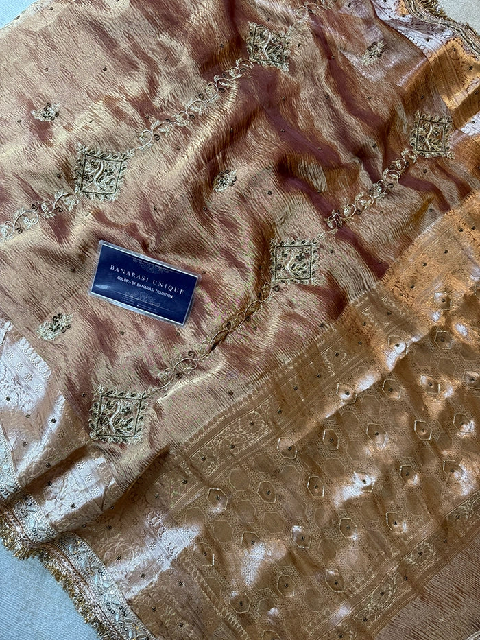 VERTICAL FLORAL PURE TISSUE SAREE - ROSE GOLD