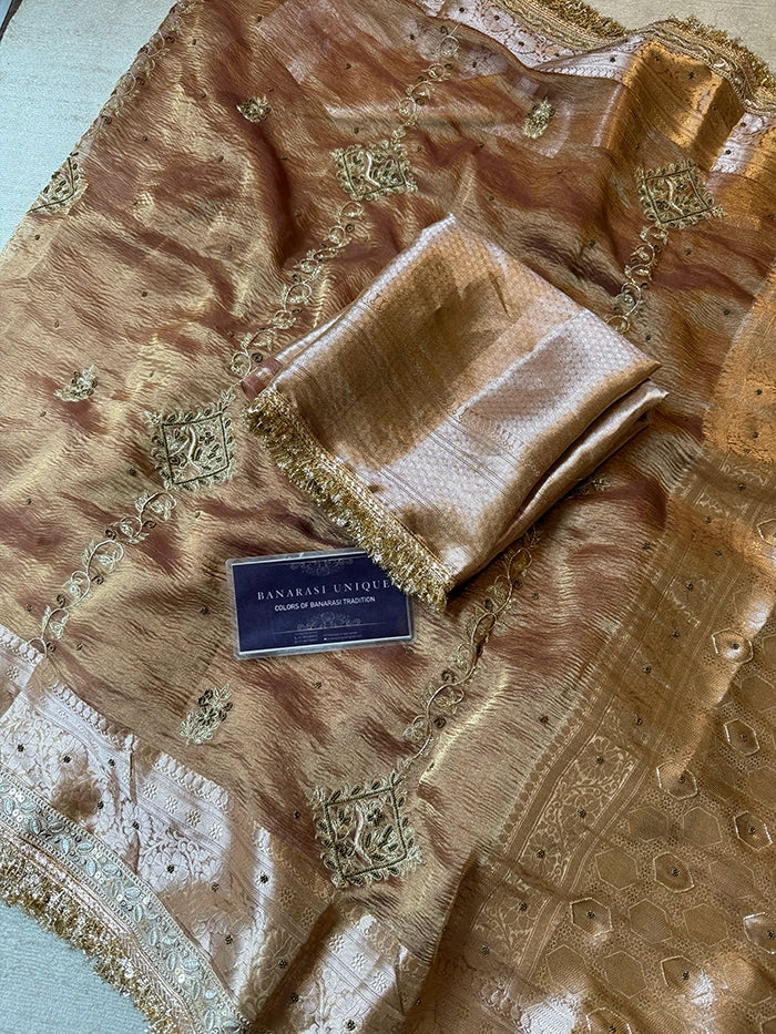VERTICAL FLORAL PURE TISSUE SAREE - ROSE GOLD