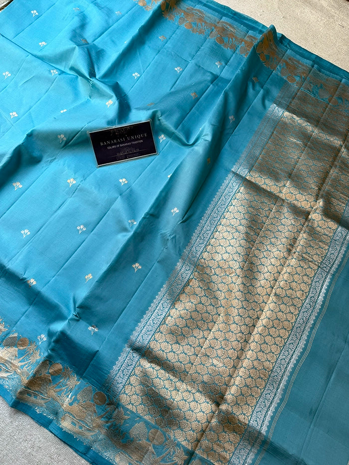 PURE KATAN SILK SONA RUPA KADHUA SAREE - POWDER BLUE
