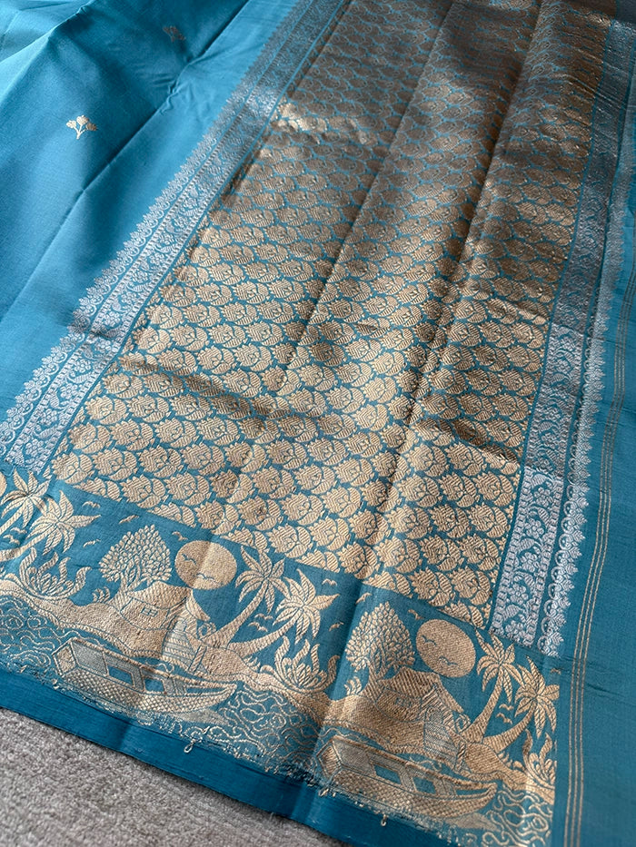 PURE KATAN SILK SONA RUPA KADHUA SAREE - POWDER BLUE