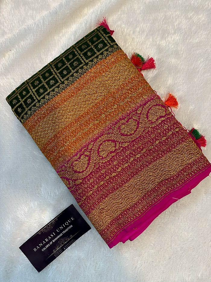 KHADDI GEORGETTE MULTICOLOUR 3D SAREE - BOTTLE GREEN ORANGE WITH PINK
